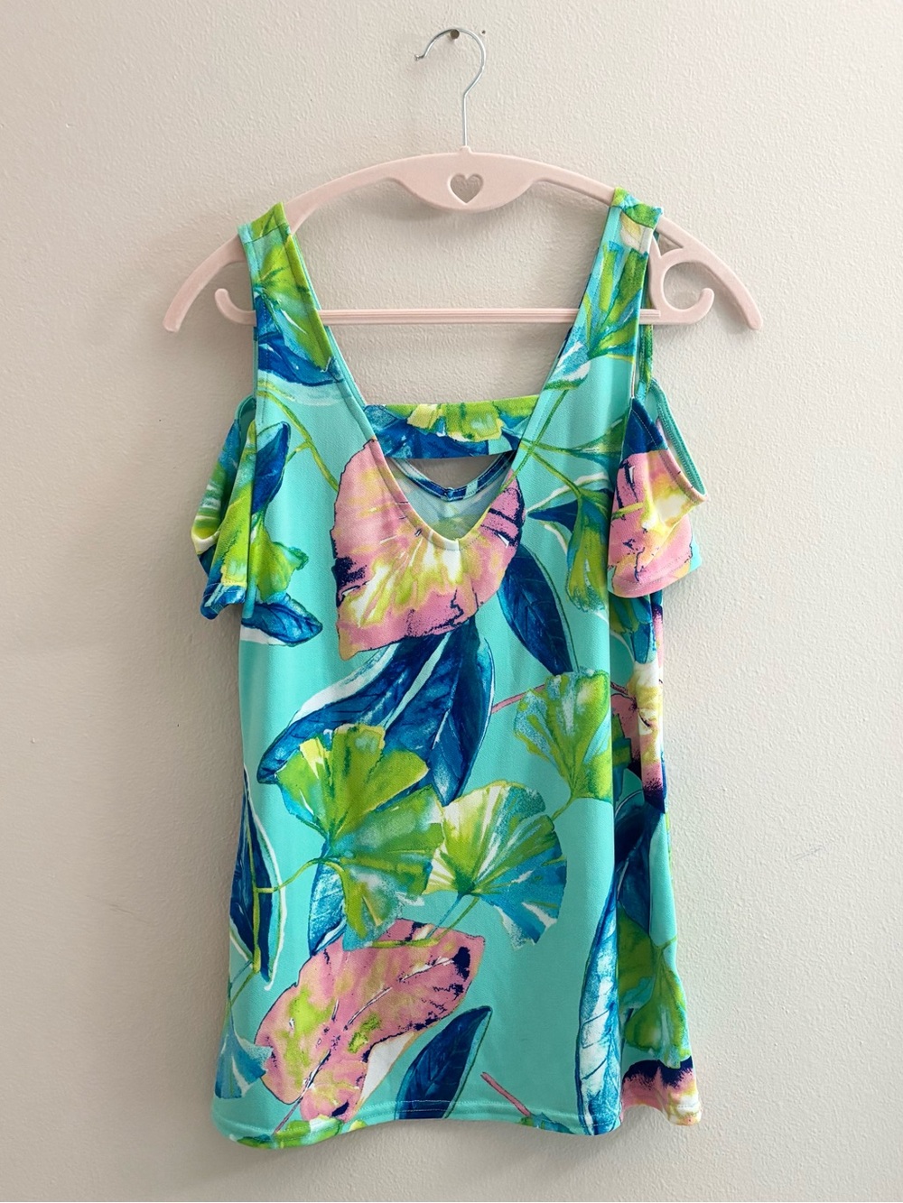 Bold Elements Blue & Green Tropical Floral Cold Shoulder Top
